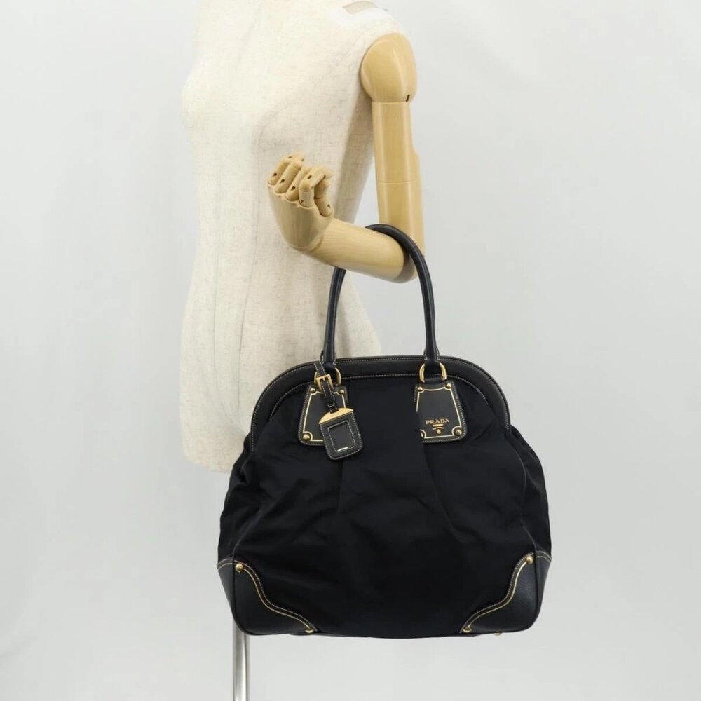 PRADA Hand Bag Nylon Leather Navy Gold - Picture 1 of 16